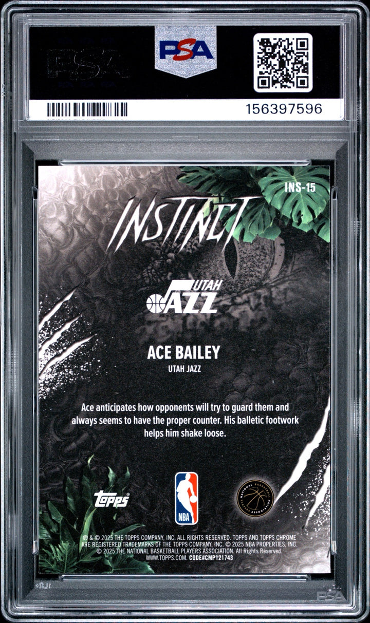 Back of Ace Bailey 2025 Topps Chrome Instinct Blue Refractor 
