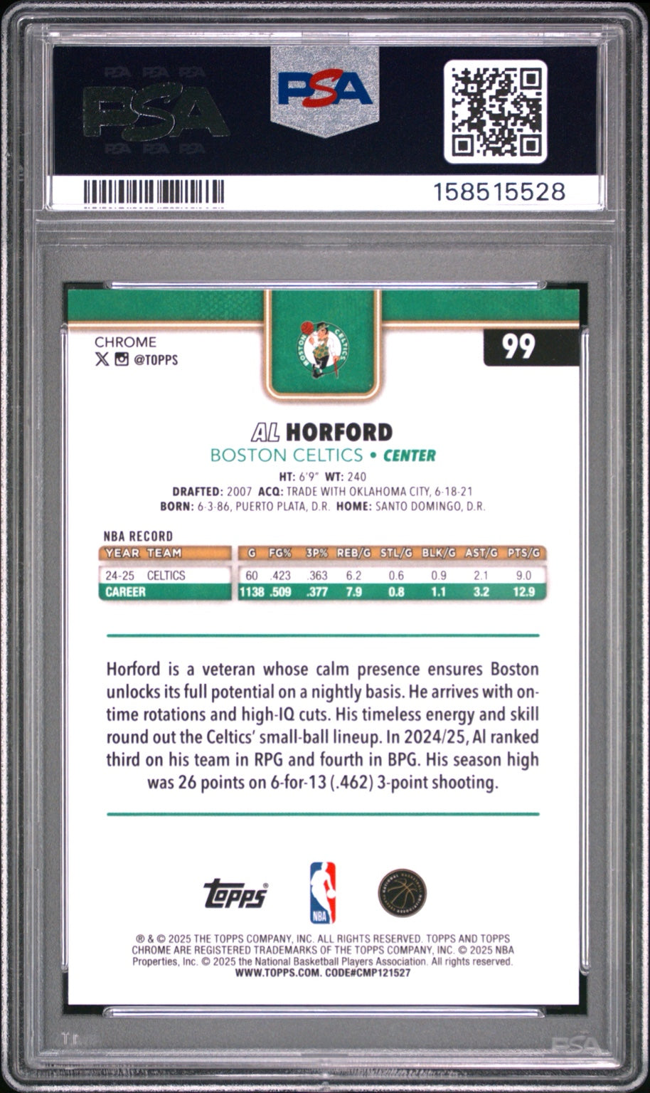 2025 Topps Chrome Al Horford Gold Geometric numbered 05 of 50 PSA 9 back