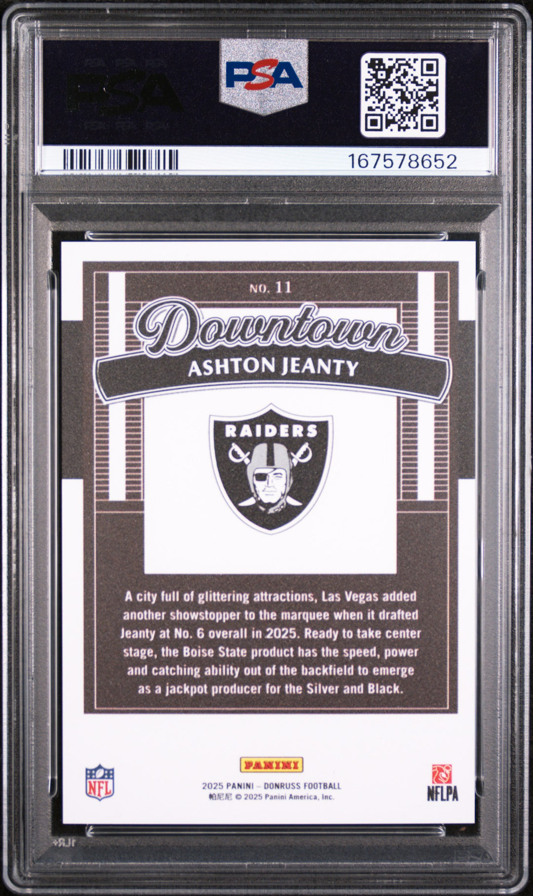 2025 Donruss Ashton Jeanty Downtown rookie card PSA 10 back