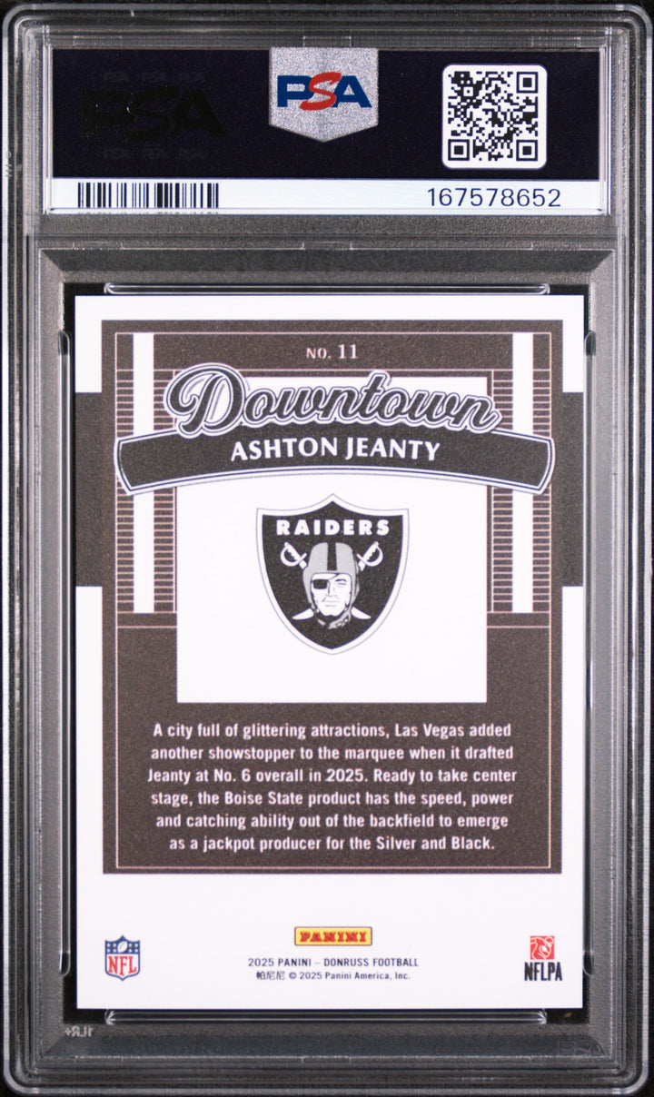 2025 Donruss Ashton Jeanty Downtown rookie card PSA 10 back