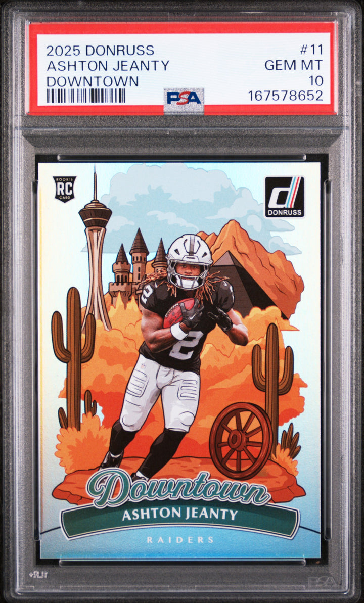 2025 Donruss Ashton Jeanty Downtown rookie card PSA 10 front