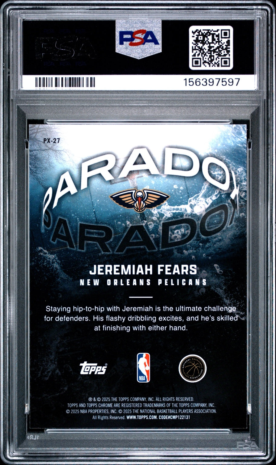 2025 Topps Chrome Jeremiah Fears Paradox rookie card PSA 9 back