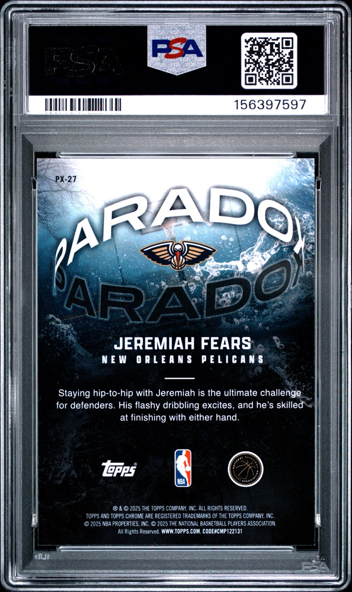 2025 Topps Chrome Jeremiah Fears Paradox rookie card PSA 9 back