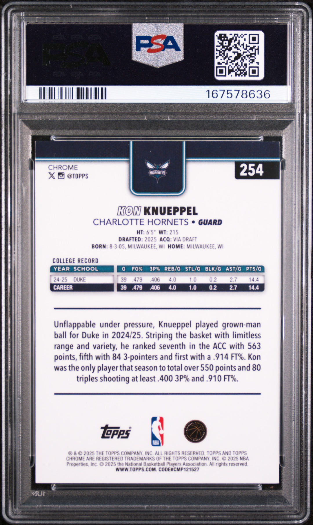 Back of Kon Knueppel 2025 Topps Chrome 